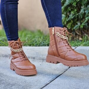 Womens Chunky Block Heel Ankle Combat Boots Brown Color